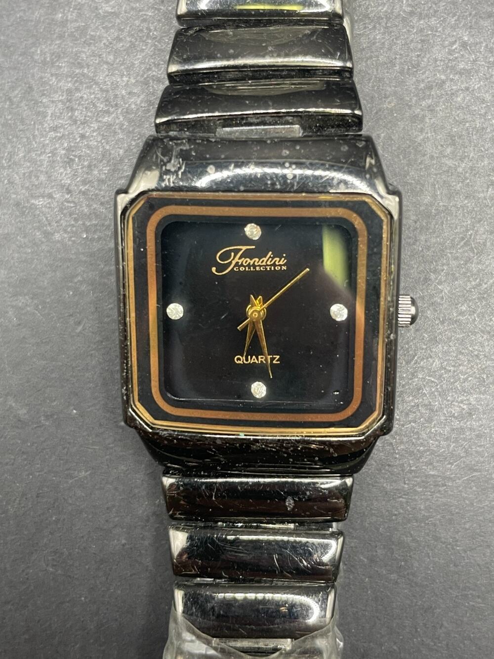 Fondini Black Gunmetal Tone Gold Rhinestone Dial Stainless Back 29mm NOS